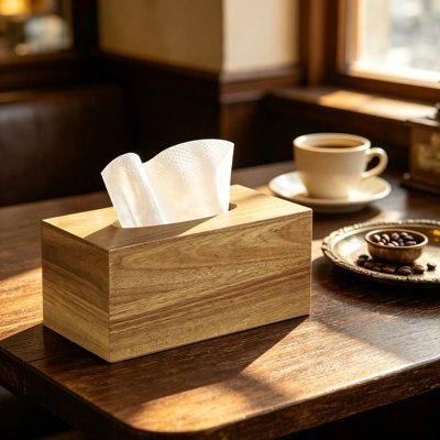 Wood Tissue Box Cover with Magnetic Slide-Out Bottom for Home and Office Decor, Natural Acacia Wood Facial Tissue Holder