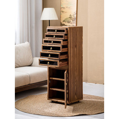 Minimalist Solid Wood Movable Jewelry Cabinet With Multi Drawers And Tempered Glass Storage