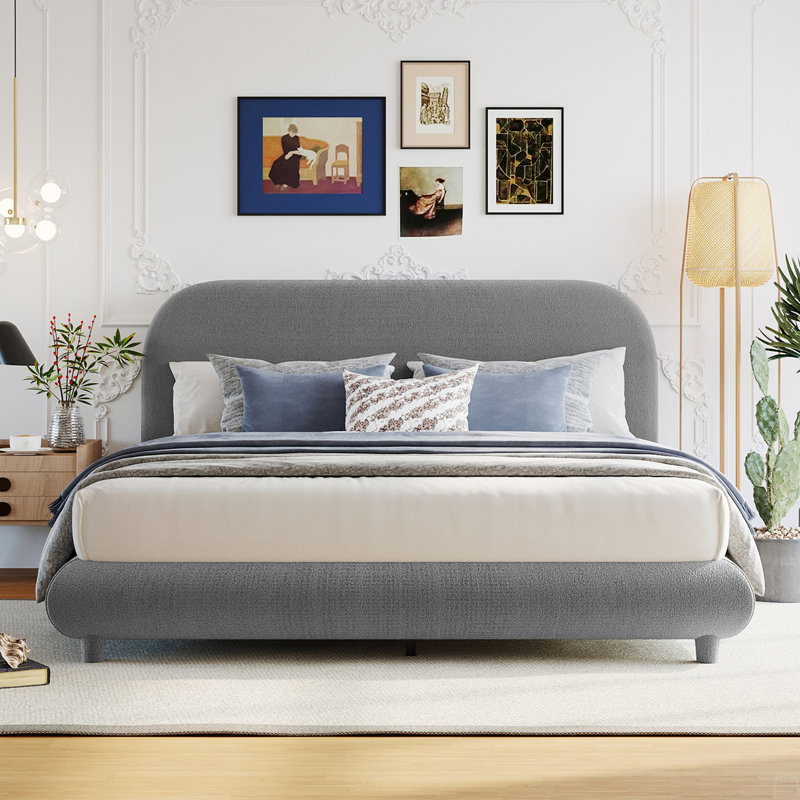 Lit plateforme tapissier grand avec tissu épais Teddy, Grand lit