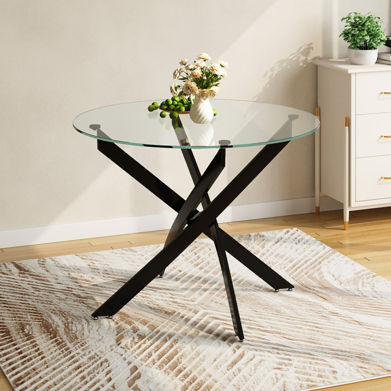 Round Glass Top Metal Base Dining Table, 75cm H x 100cm W x 100cm D