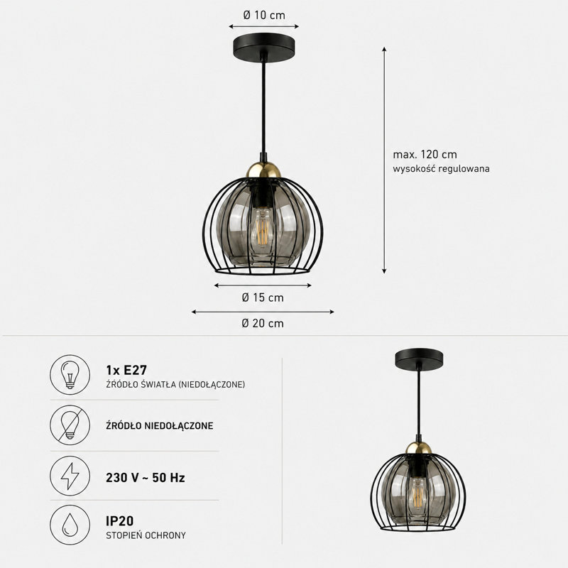 3 - Light Pendant, 20, Matte Black/Gold, 1