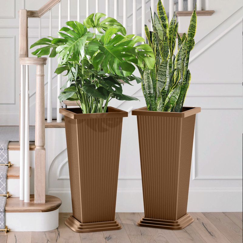Ensemble de 2 grandes jardinières d'extérieur, pot de fleurs carré, H 24 po x l 11 po x P 11 po, Brun