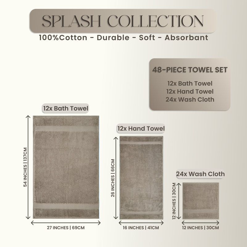 Splash 100% Cotton Zero Twist Towel Set, Bath Towels, Hand Towels & Washcloths, 550 GSM Soft Absorbent Towels for Bathroom, Spa & Daily Use, OEKO-TEX Certified, 48 Pack, Beige