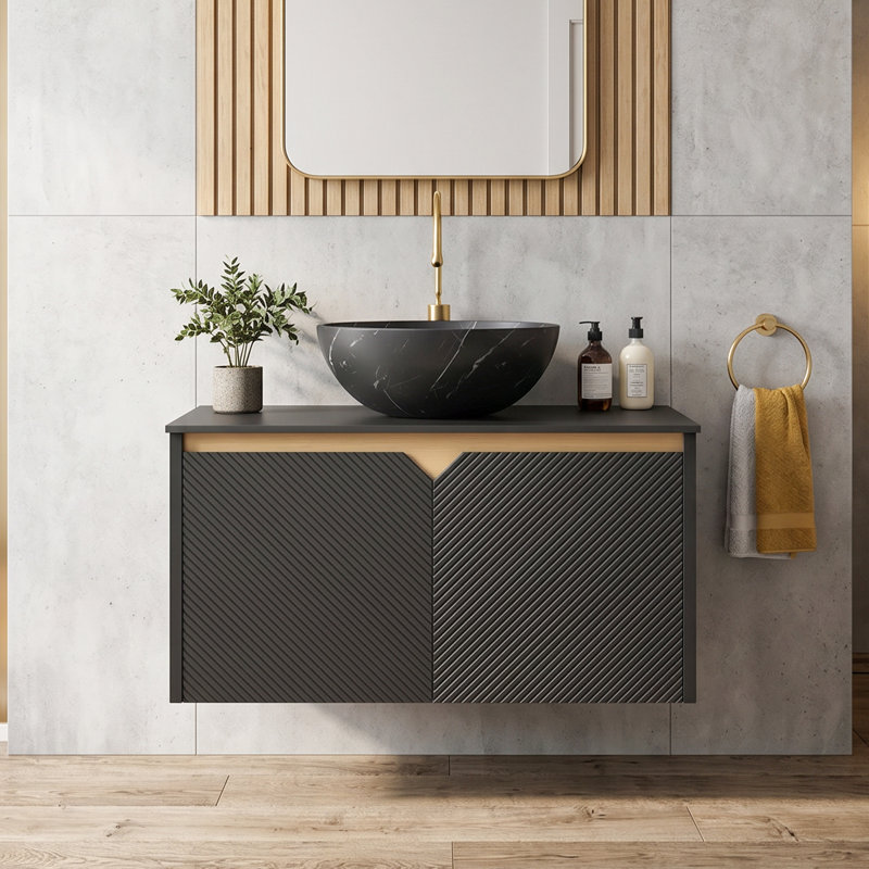 Meuble-lavabo mural 30 po en contreplaqué avec lavabo en céramique, portes doubles en sergé et armoire de rangement noir, 30"