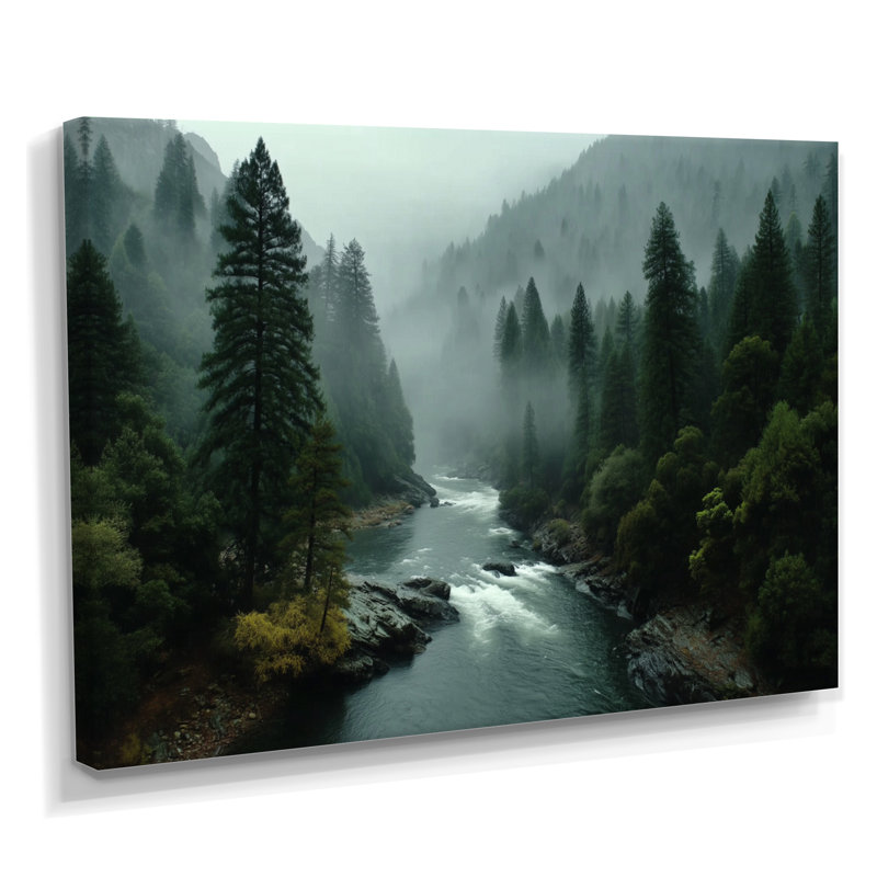 «Morning Mist In The Vancouver Mountains - Forest River Mountains, reproduction d'art sur toile, paysage vert», Toile tendue