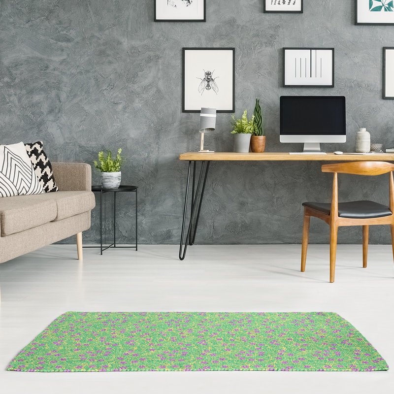 Tapis vert/jaune/mauve à motif floral tourbillony, Rectangle 5 pi x 7 pi