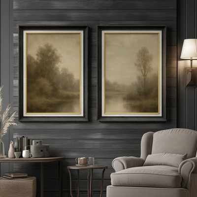 Sepia Woodland Landscape Vintage Natural - Set of 2 Premium Framed Wall Art Print on Paper 26"x36"