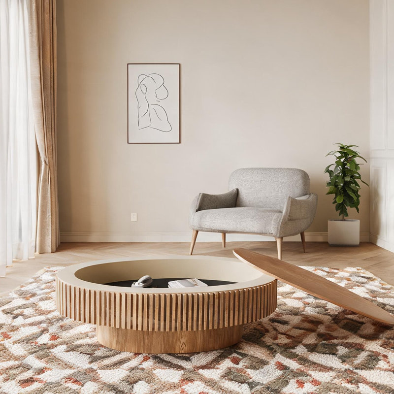 Table basse ovale avec rangement caché, placage de bois naturel chaud, 47 po, salon ou bureau, 14.11" H x 23.54" W x 47.17" D