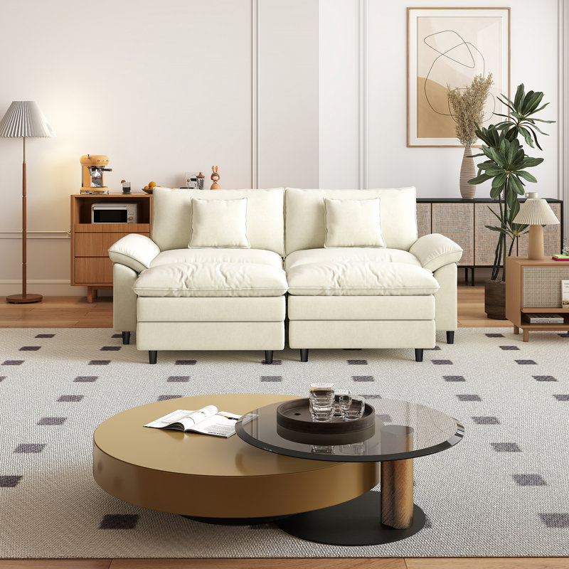 Chenille Double Sofa With Two Footrests, White