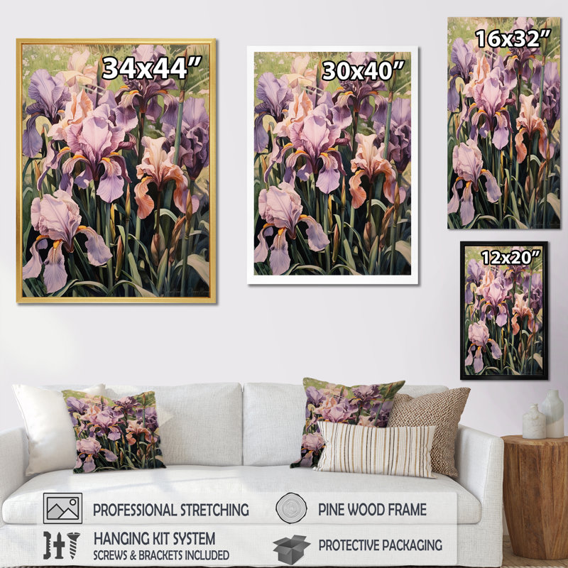 Iris mauve en fleurs dans les prés sauvages sur toile, H 32 po x l 16 po x P 1 po, Cadre simple noir