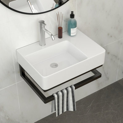 Lavabo de salle de bain mural en céramique 23,1 po x 16,5 po avec trou de robinet et barre à serviettes noire, trou de barre nécessitant peu d'entretien, adapté aux espaces à circulation élevée