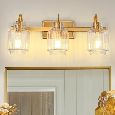 Luminaire de meuble-lavabo doré à 3 lumières avec verre à vin nervuré, applique murale pour miroir et couloir