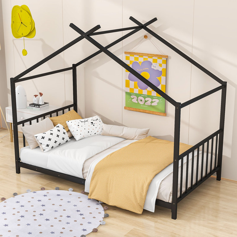 Lit plateforme simple en métal avec toit de maison, Noir