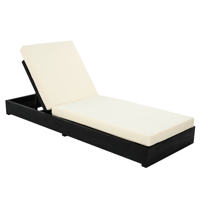 Donnie Reclining Acacia Wood Outdoor Chaise Lounge, Cream Cushion/Black Frame, Set of 1