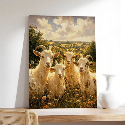 Canvas Wall Art Goats In Sunny Meadow Wildflower Pastoral Scene Vintage Poster Print Home Decor