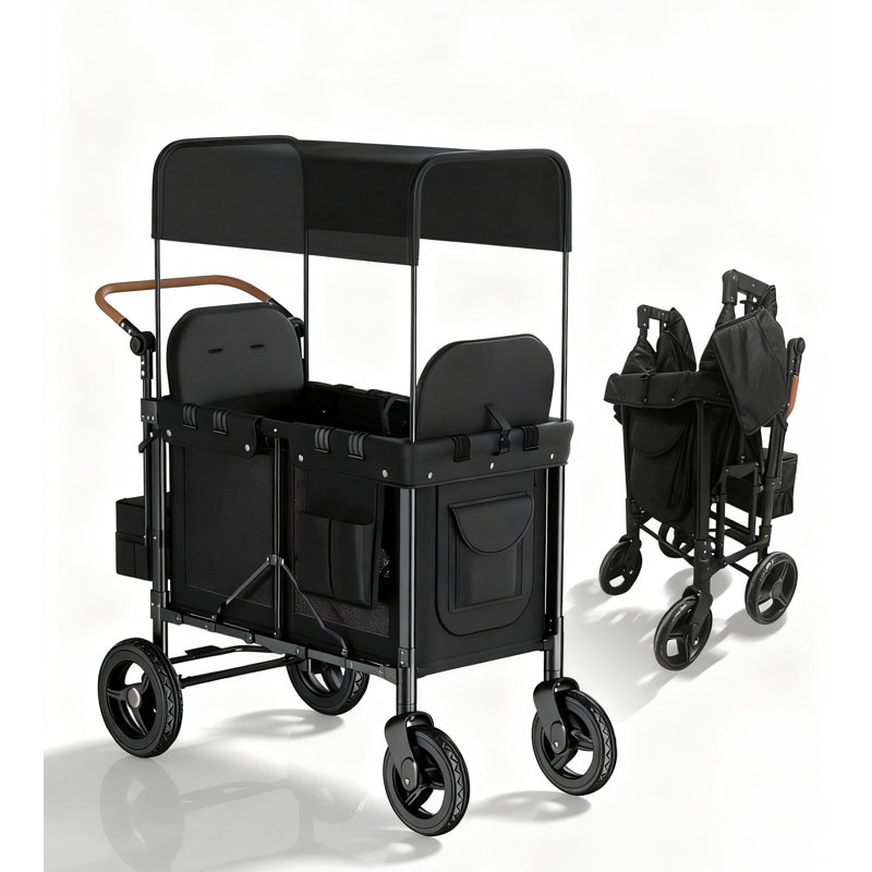 2 Seater Black Foldable Stroller Wagon with Convertible Seats, Adjustable Push Pull Handle & Removable Canopy
