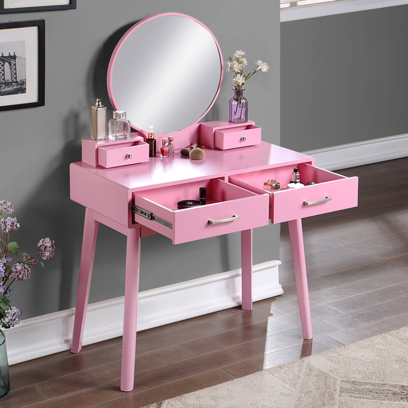 Contemporary Wood Vanity And Stool Set, Pink, Pink