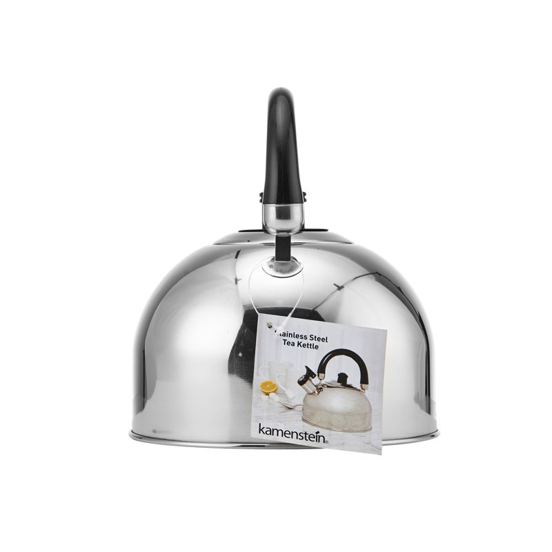 Polished Stainless Steel Whistling Tea Kettle with Black Handle