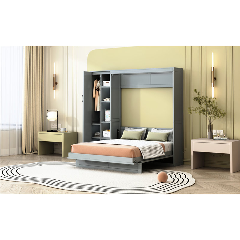 Lit double avec tablettes, garde-robe, lumières à DEL - gris sophistiqué