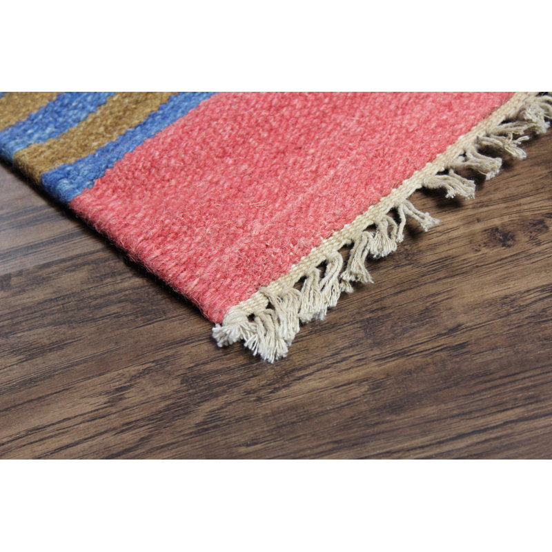 Tapis rose / bleu en laine tissé à la main Patridge, Rectangle 2 pi x 3 pi