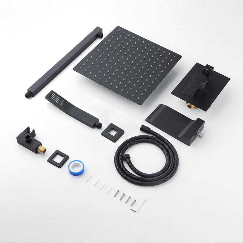 Matte Black Shower System With 12" Head - Balanced, Ceramic Disc, Handheld, Wall Mounted Complete Kit Head, Disc