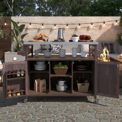 Outdoor Kitchen Island With Storage Cabinet, Stainless Steel Top & Spice Rack For BBQ