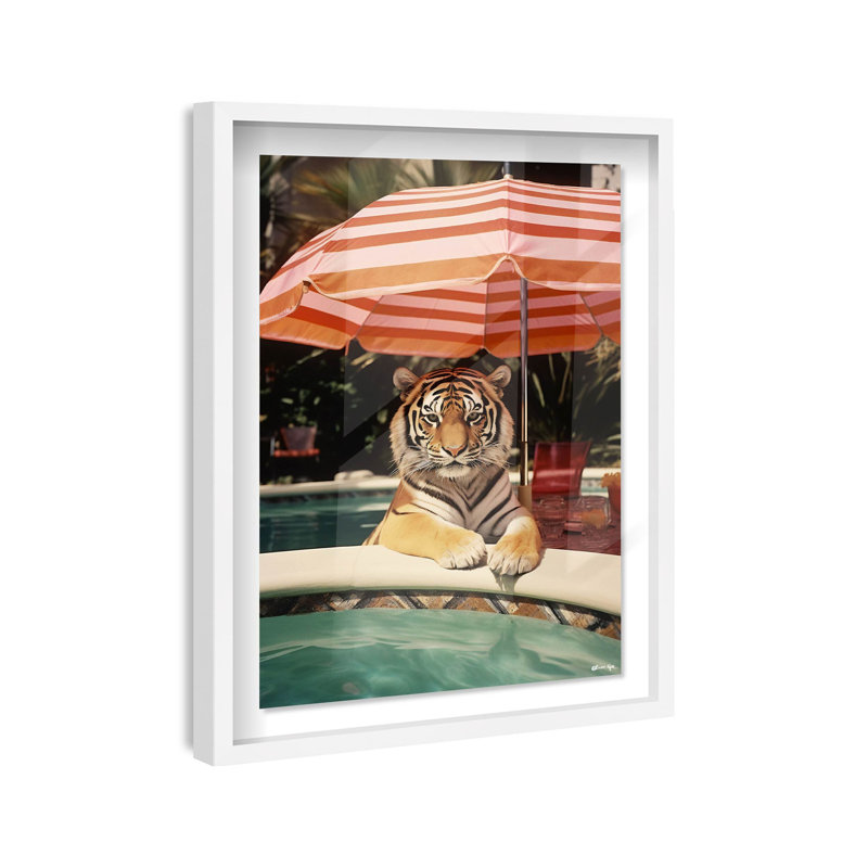 Oliver Gal Poolside Tiger Encounter Coastal - Luxury Shadowbox Framed Wall Art, 46.5" H x 31.5" W, White