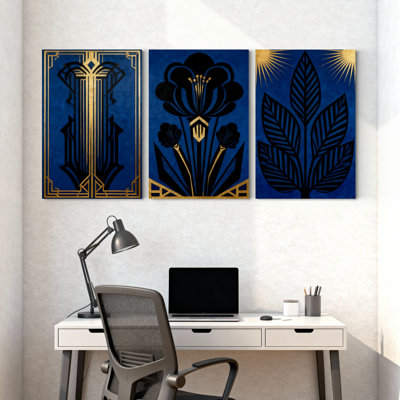 Abstrait art déco à motif floral avec accents dorés, ensemble de 3 impressions murales sur toile