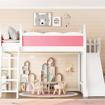 Queen Loft Bed With Storage Shelves, Wardrobe, Detachable Slide, Pine And , Pink White, Easy Assembly Bedroom Furniture Plywood, To Up