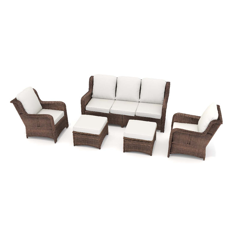 Ensemble de conversation modulaire en rotin pour l'extérieur avec 3 sièges, 2 fauteuils simples et 2 repose-pieds pour la pelouse, le balcon, le jardin et la cour (ensemble de 5)
