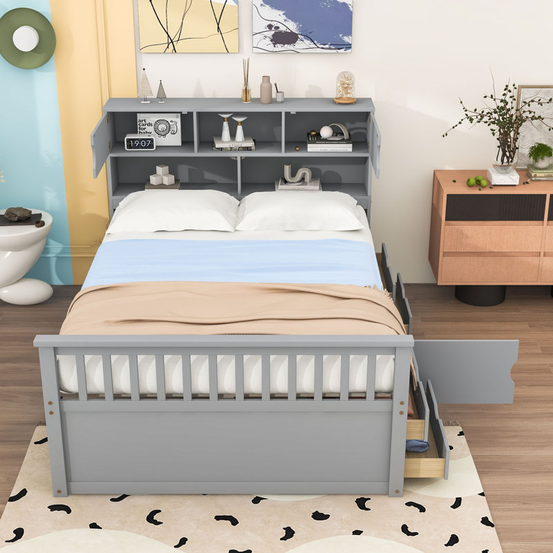 Lit double en bois avec bibliothèque, tiroirs de rangement et tablettes, Gris