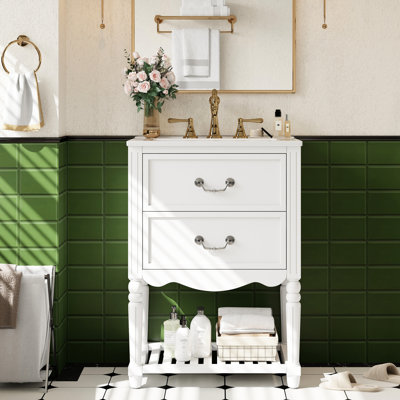 Meuble-lavabo de salle de bain avec lavabo en céramique de 24 po, élégance rétro, deux tiroirs à fermeture douce, dossier ouvert pour faciliter la plomberie, poignées décoratives ornées d'inspiration lustrée rétro Palace, tablette, robinet de 8 po