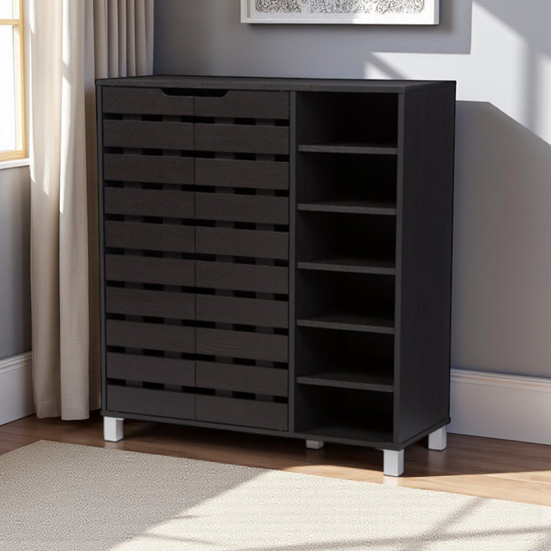 Lyric 2-Slatted Door Shoe Cabinet with Open Shelf Brown Wood Finish, 37.83" H X 33.89" W X 13.56" D