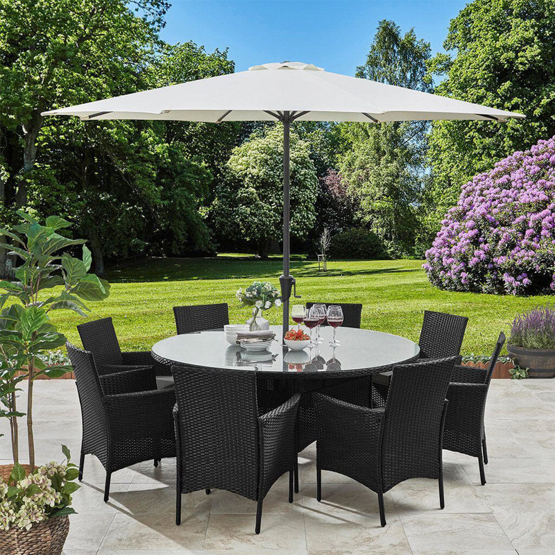 Dubose 8 Seater Rattan Round Garden Dining Set with Parasol, Grey