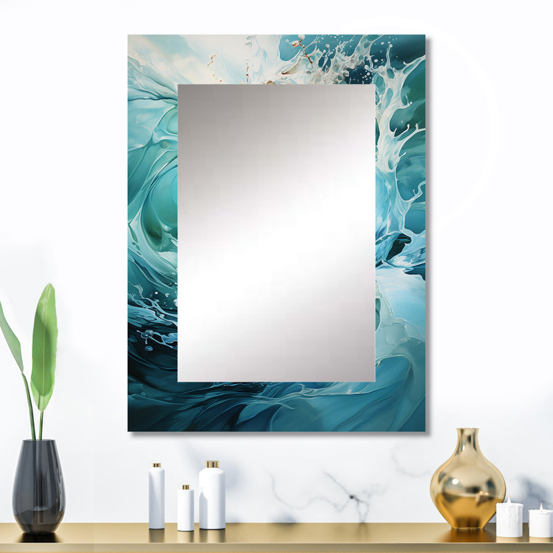 Aqua Blue And White Serenity Swirl - Abstract Spirals Wall Mirror, Blue Decorative Mirror, Printed Metal Art, 32" x 24"