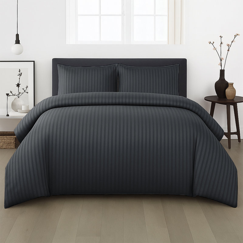 Microfiber Stripe Duvet Complete Set With Striped Pillows & Fitted Sheet, Double Duvet +1 Fitted Sheet +2 Pillowcases