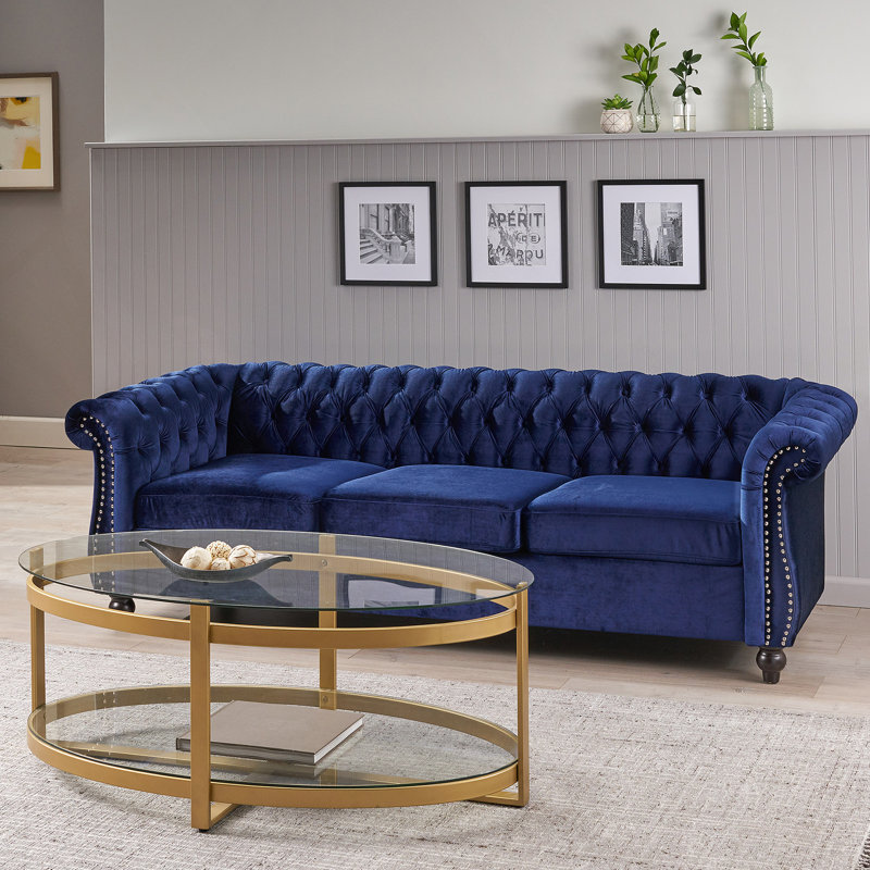 Canapé Chesterfield Marcel, Polyester bleu minuit