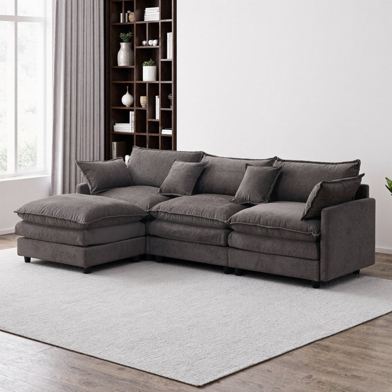 Canapé modulaire en L en chenille de 105 po à 3 places avec repose-pieds beige, Gris