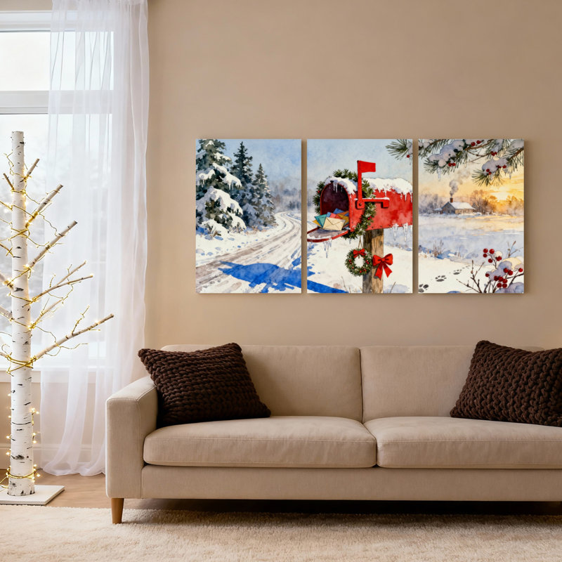 Ensemble de 3 tableaux sur toile tendue représentant un paysage d'hiver avec boîte aux lettres rouge et arbres enneigés