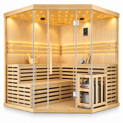 Smartmak® 5-6 Person Traditional Steam Sauna Room, Canadian Hemlock Wooden Saunas Spa, 6KW Harvia Sauna Stove, LED Light, Backrest, 194℉