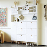 ON-TREND Multifunctional Tipping Bucket Shoe Cabinet With Storage Shelf & 6 Flip Drawers, Large Hall Tree With Tempered Glass Doors, Foyer Cabinet With 4 Hooks For Hallway