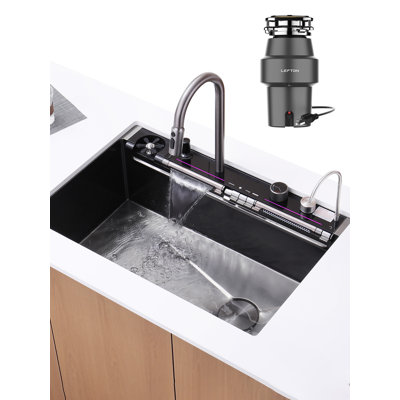 Lefton New 33"x22" Single Bowl Stainless Steel Waterfall Kitchen Sink Ks2207l-pro With 1/2 Hp Continuous Feed Garbage Disposal Lgd-513