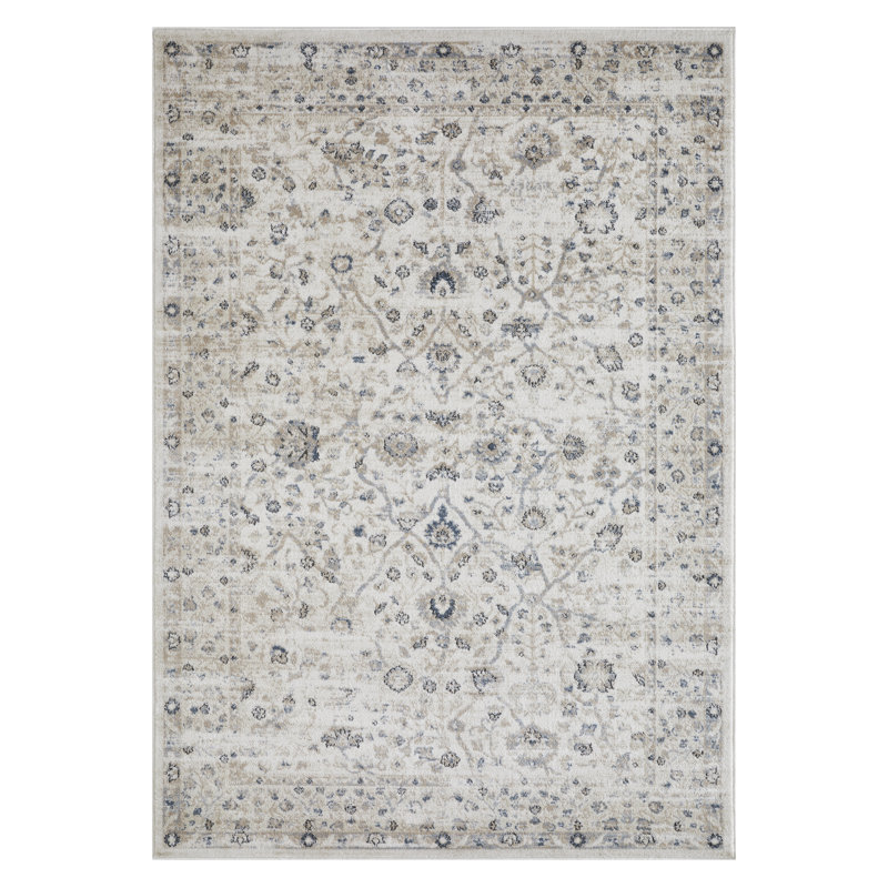 Tapis oriental en polypropylène tissé à la machine en crème / bleu Aldonja, Rectangle 5 pi 3 po x 7 pi 3 po