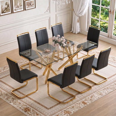 Modern Rectangular Glass Dining Set with Geometric Frame and Cantilever Chairs