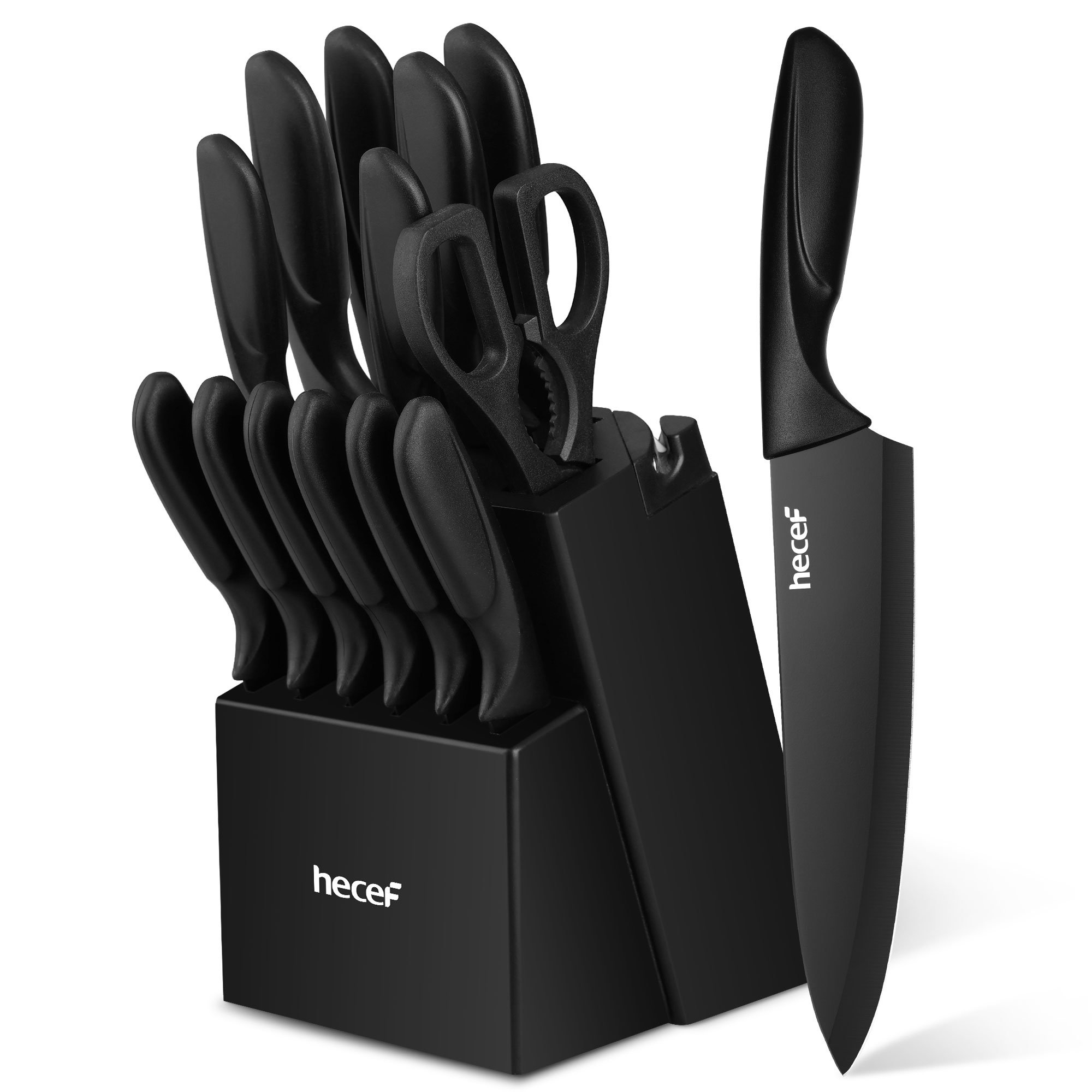 Hecef 15‑Piece Kitchen Knife Block Set,Black Nonstick Coated Stainless Steel Knife Blade with Pine Wood Block, Dishwasher Safe