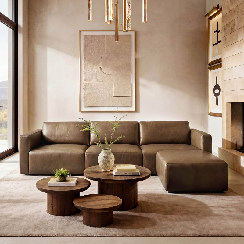 Beryl 90.74'' W 4-Piece Modern Modular Full Grain Genuine Leather Sofa And Ottoman Set, Chocolate