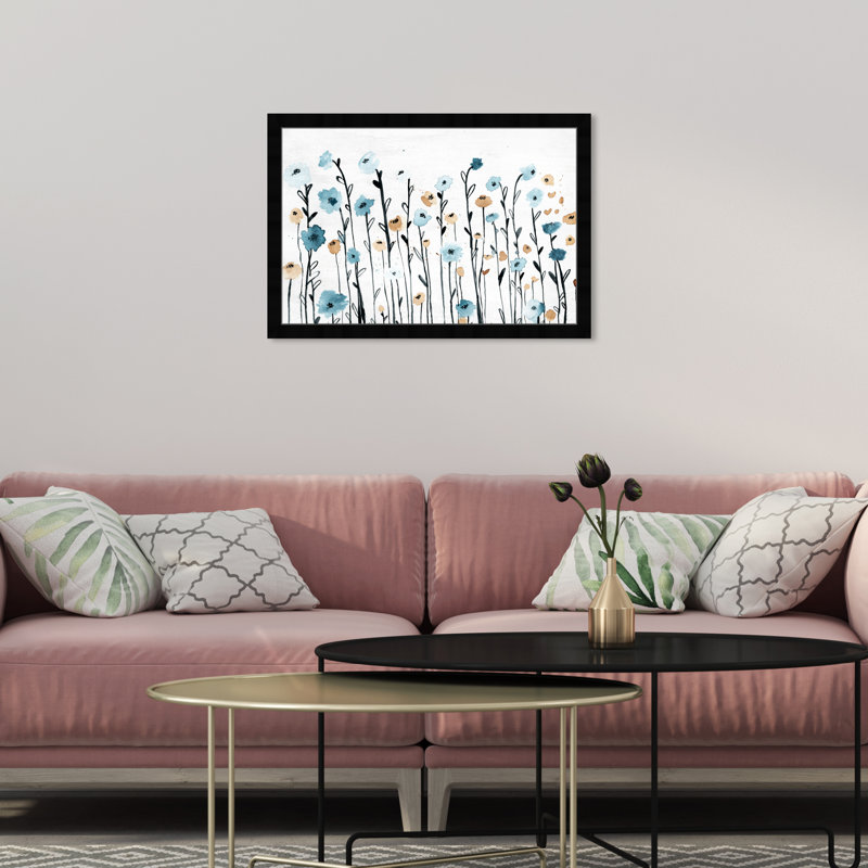 Fleurs bleues pastel bleues - peinture encadrée, H 18 po x l 26 po, Cadre noir