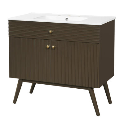 Meuble-lavabo rayé de luxe 36 po, double rangement à fermeture en douceur et lavabo en céramique de qualité supérieure, brun foncé