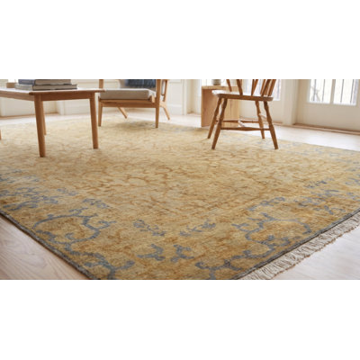Tapis jaune à motif géométrique moderne en laine noué à la main jaune
