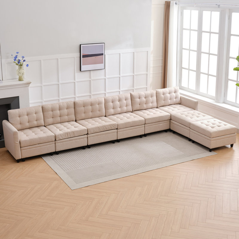 "113" + ensemble modulaire 8 places avec 4 repose-pieds de rangement - 4 sièges + 4 repose-pieds, lin de qualité supérieure, flexibilité ultime